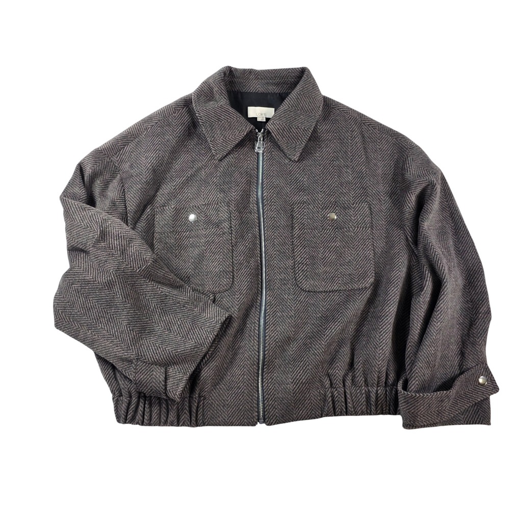 Ann Taylor Loft Herringbone Zip Bomber Jacket Brown 8 Herringbone Chevron Coat